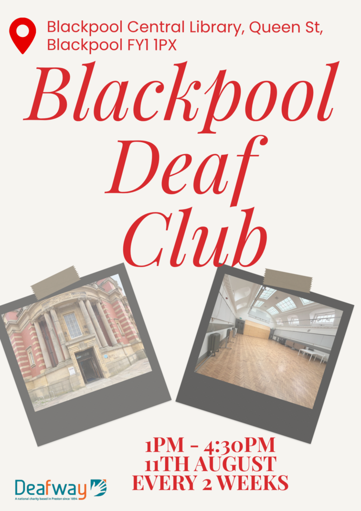 Two photos of the Library building and inside the room where it will be held. With cream background and red writing of the event.