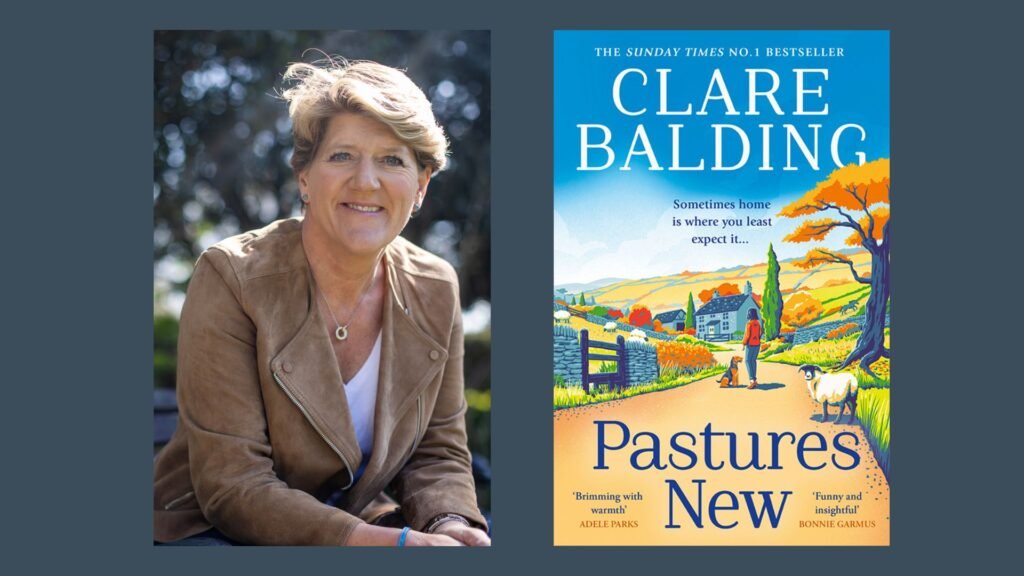 A photo of Clare Balding smiling and an image of the cover of Pastures New, her latest novel