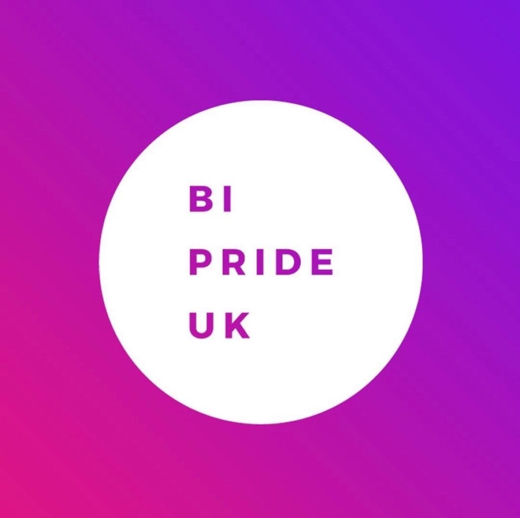 A white circle inside a pink/purple gradient square containing the words Bi Pride UK