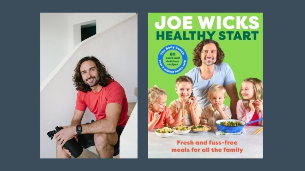 A photo of Joe Wicks smiling wearing a read tshirt & black shorts. And an image of the Healthy Start book cover.