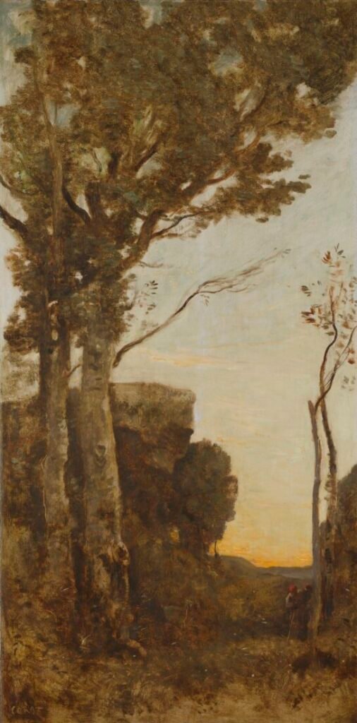 A sunrise scene.  Two tall trees with full foliage on the left of the painting are offset by two smaller trees on the right.