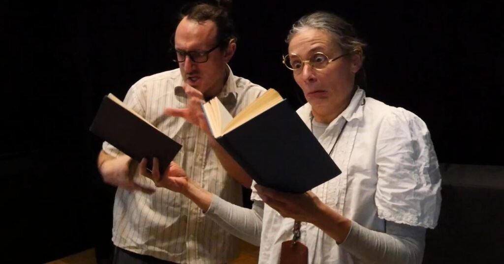 Two people holding and reading books, wearing glasses and light shirts, with exaggerated facial expressions against a dark background.
