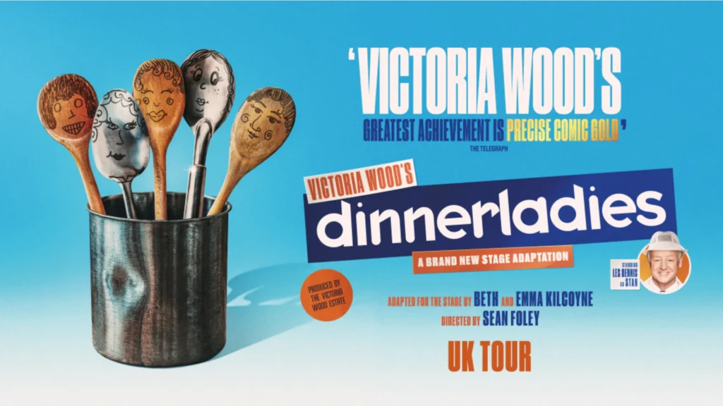 A pot of wooden and metal spoons with faces on with the show title in both blue and orange