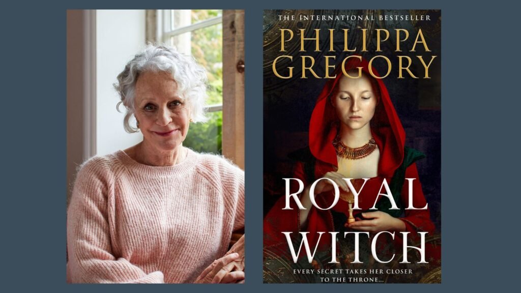 A photo of Philippa Gregory in a pink jumper and an image of the book cover for the novel Royal Witch