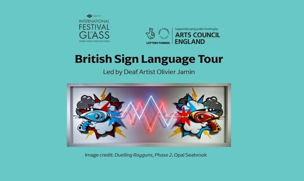 Artwork by glass artist Opal Seabrook showing phasers pointed at each other, includes the logos of Arts Council England and the Festival